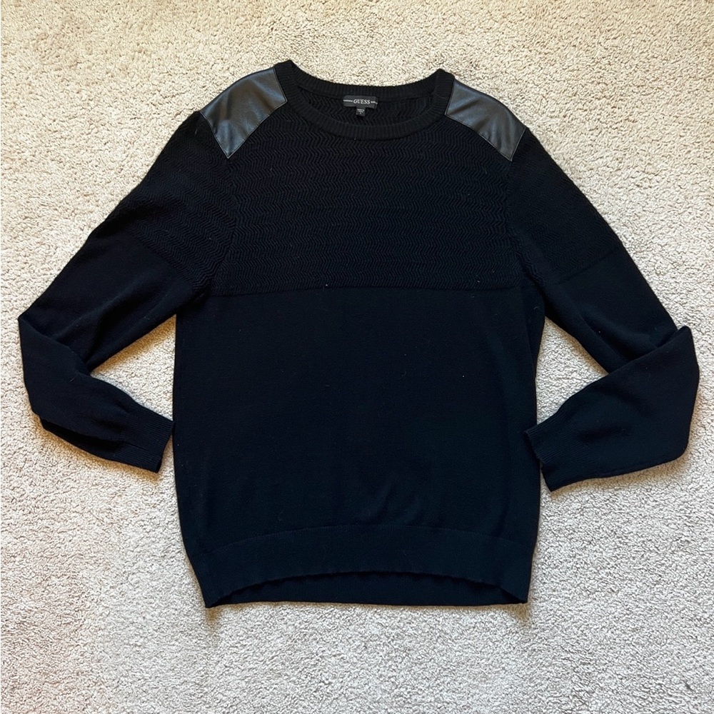 GUESS Men’s Black Knit Sweater Faux Leather Shoulder Panels Size L
